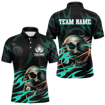 Maxcorners Turquoise Funny Skull 8 Ball Pool Shirt For Men Custom Billiard Team Jersey Polo & 1/4 Zip LM2007