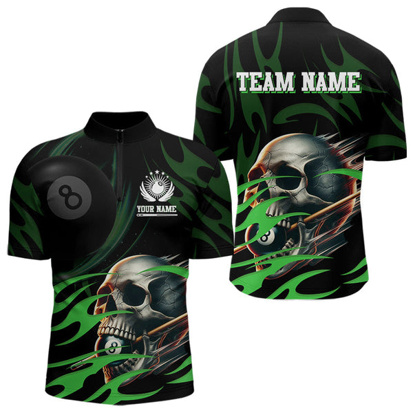 Maxcorners Green Funny Skull 8 Ball Pool Shirt For Men Custom Billiard Team Jersey Polo & 1/4 Zip LM2007