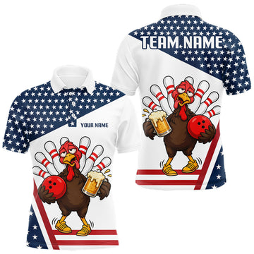 Maxcorners American Flag Funny Drunk Turkey Beer Bowling Shirts For Men Custom Thanksgiving Bowling Jersey