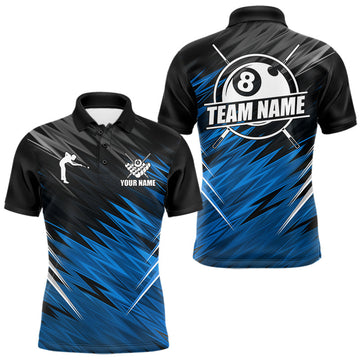 Maxcorners Black And Blue 8 Ball Billiard Pool Shirts For Men Custom Billiard League Shirts, Pool Team Jersey
