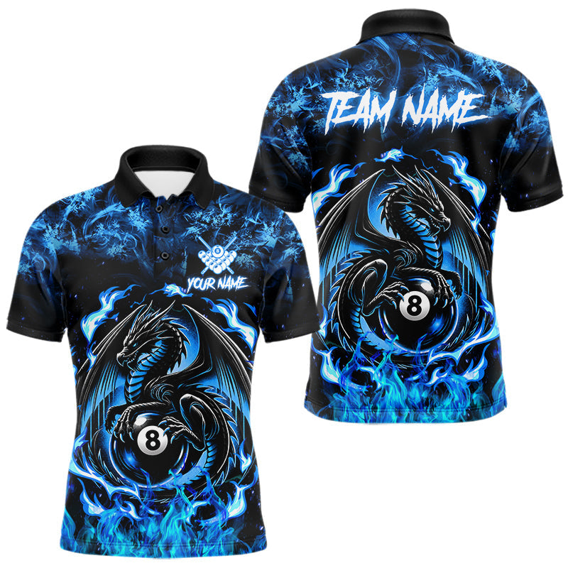 Maxcorners Black And Blue Flaming Dragon 8 Ball Billiard Pool Shirts For Men Custom Billiard Team Jersey