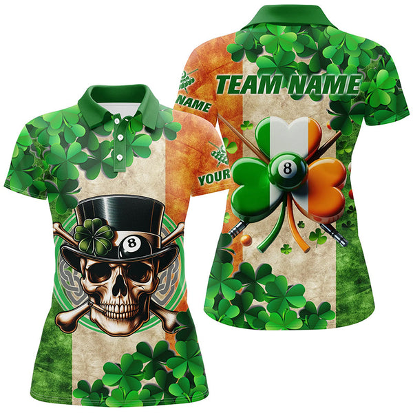 Maxcorners Billiard St Patrick'S Day Funny Skull Custom Shamrock Men Polo Shirt, Patrick Lucky Billiard Shirts