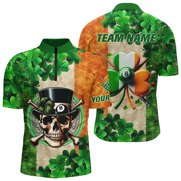 Maxcorners Billiard St Patrick'S Day Funny Skull Custom Shamrock Men Polo Shirt, Patrick Lucky Billiard Shirts