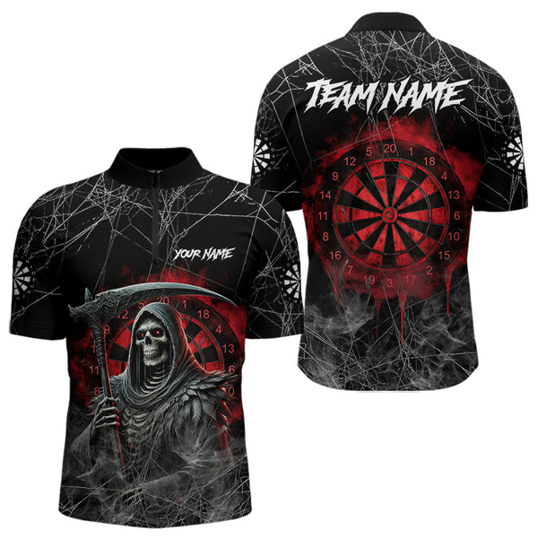 Maxcorners Black And Red Smoke Grim Reaper Funny Dart Shirts For Men Custom Dart Jerseys, Darts Clothing