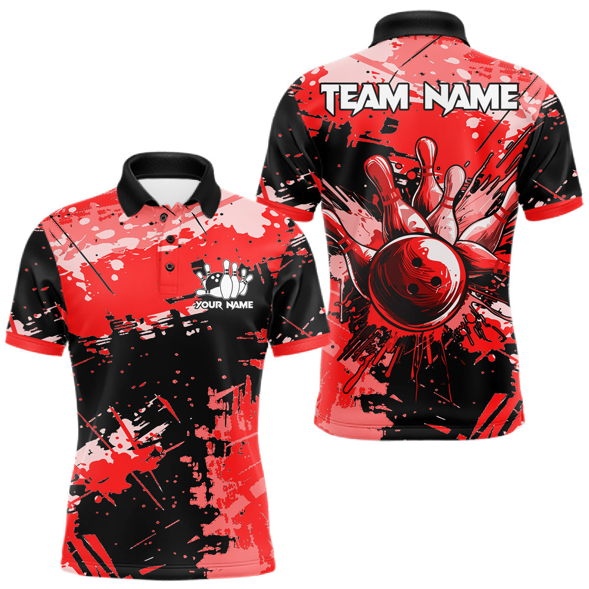 Maxcorners Red Grunge Paint Splatter Bowling Shirts For Men Custom Bowling League Team Jersey Polo & 1/4 Zip