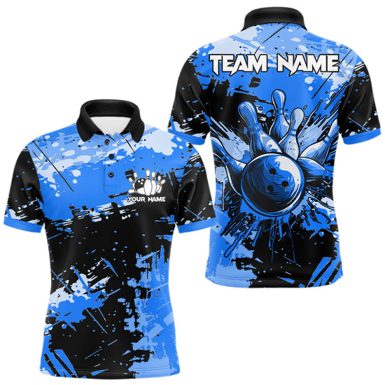 Maxcorners Blue Grunge Paint Splatter Bowling Shirts For Men Custom Bowling League Team Jersey Polo & 1/4 Zip