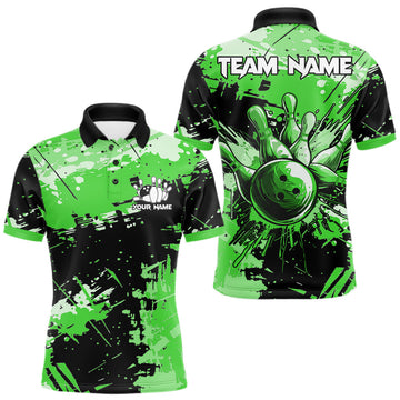 Maxcorners Green Grunge Paint Splatter Bowling Shirts For Men Custom Bowling League Team Jersey Polo & 1/4 Zip