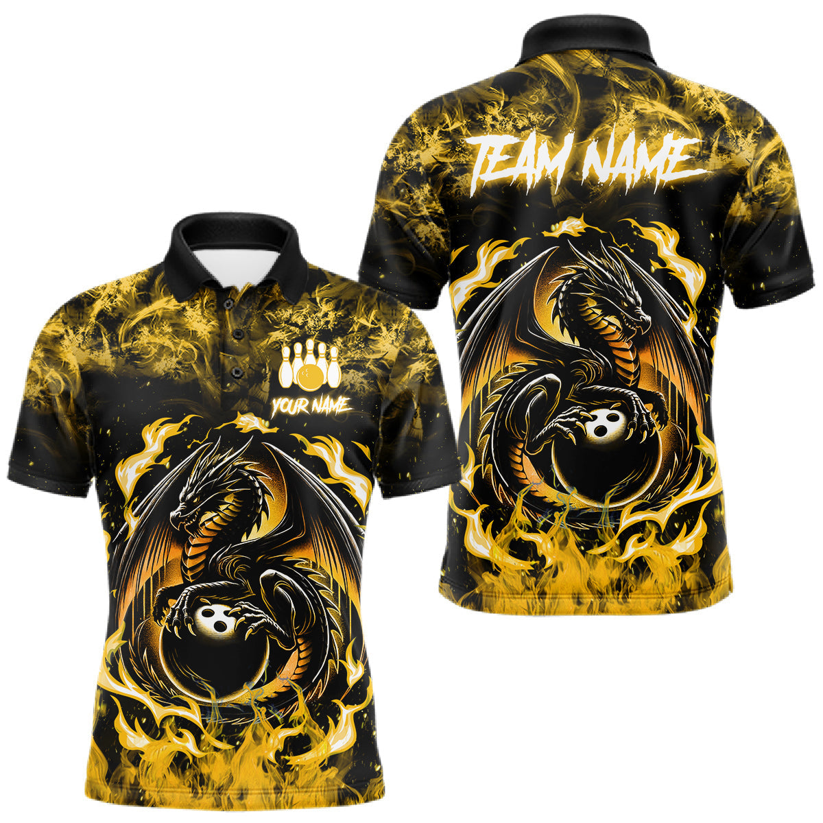 Maxcorners Black And Yellow Flaming Dragon Bowling Jersey For Men Custom Bowling League Team Shirts