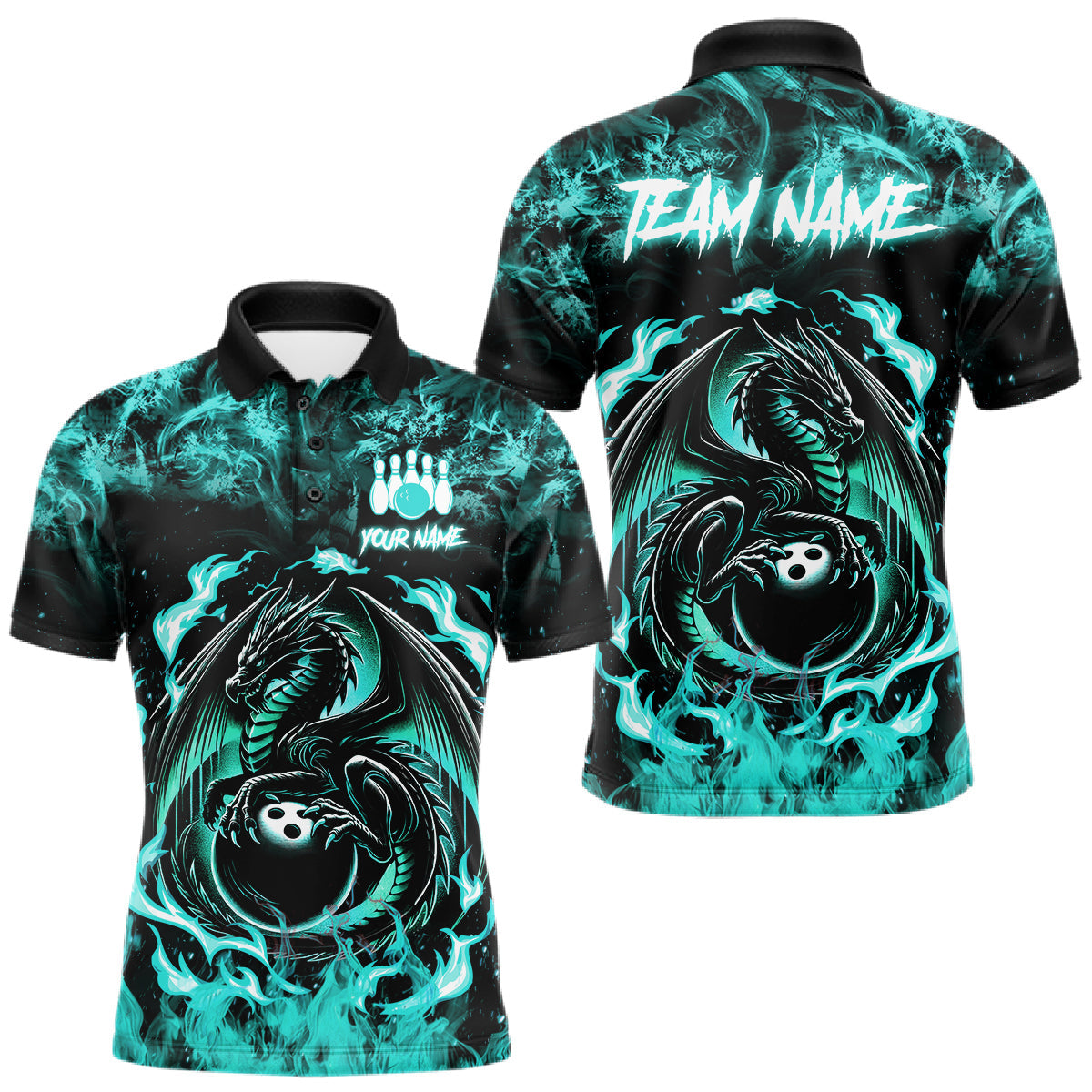 Maxcorners Black And Teal Flaming Dragon Bowling Jersey For Men Custom Bowling League Team Shirts