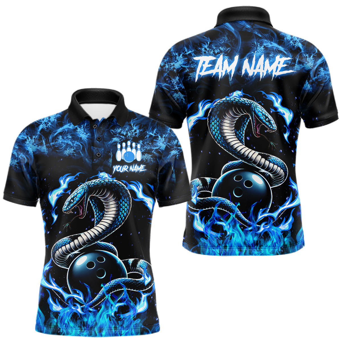 Maxcorners Black And Blue Flaming Cobra Snake Bowling Jersey For Men Custom Bowling League Team Shirts