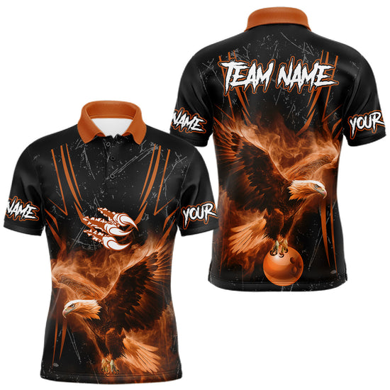 Maxcorners Personalized Black And Orange Flame Eagle Bowling Shirt For Men Custom Bowling League Team Jersey