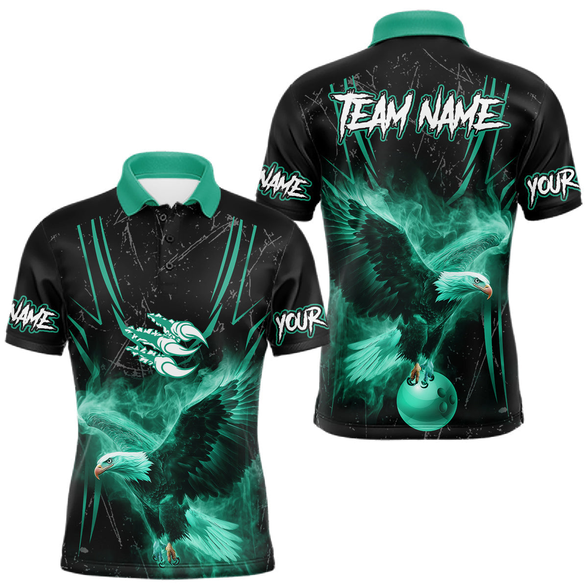Maxcorners Personalized Black And Teal Flame Eagle Bowling Shirt For Men Custom Bowling League Team Jersey