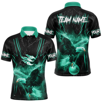 Maxcorners Personalized Black And Teal Flame Eagle Bowling Shirt For Men Custom Bowling League Team Jersey