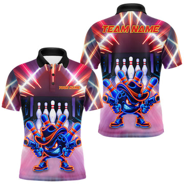 Maxcorners Funny Flame Neon Cowboy Bowling Shirts For Men Custom Bowling Team Jersey Polo & Quarter Zip