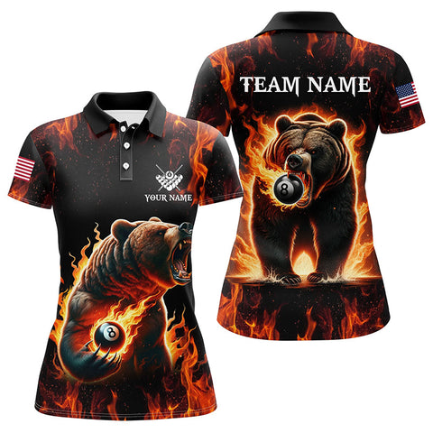 Maxcorners Personalized Funny Bear And 8 Ball Pool Fire Flame Women Billiard Polo Shirts