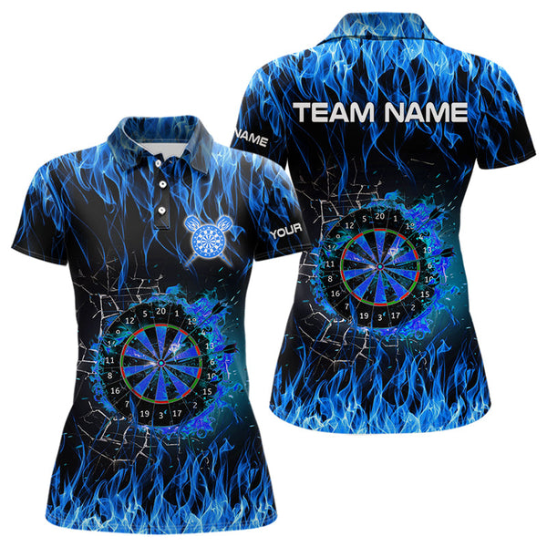 Maxcorners Personalized Blue Flaming Fire Dart Shirts With Pocket For Men Custom Dart Jersey, Darts Team Shirt
