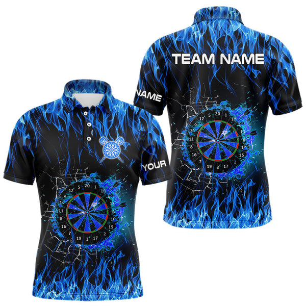 Maxcorners Personalized Blue Flaming Fire Dart Shirts With Pocket For Men Custom Dart Jersey, Darts Team Shirt