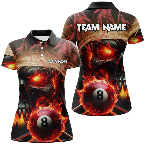 Maxcorners Billiard Skull Burning 8 Ball Pool Fire Customized Name, Team Name 3D Polo Shirt