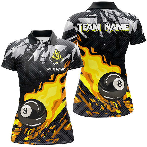 Maxcorners Billiard Yellow 8 Ball Fire Flame Grunge Pattern  Customized Name, Team Name 3D Polo Shirt