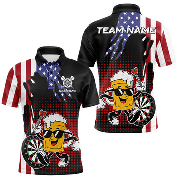 Maxcorners Custom Funny Beer American Flag Darts Shirts For Men, Patriotic Darts Team Jersey Polo & 1/4 Zip