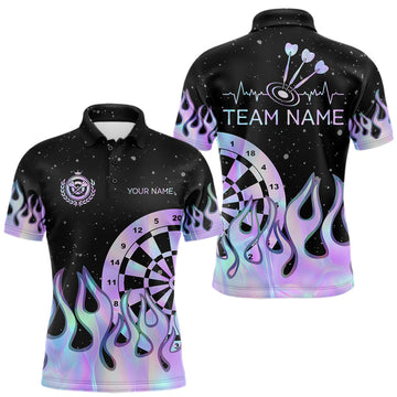Maxcorners Personalized Holographic Fire Flame Darts Shirts For Men Custom Darts Team Jersey, Darts Gifts