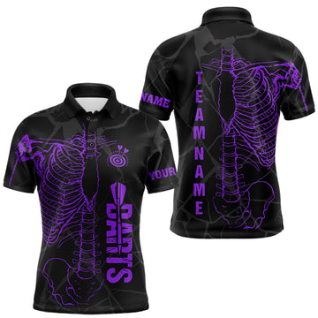 Maxcorners Black And Purple Funny Skeleton Darts Polo & 1/4 Zip Custom Darts Shirt For Men Darts Team Jersey
