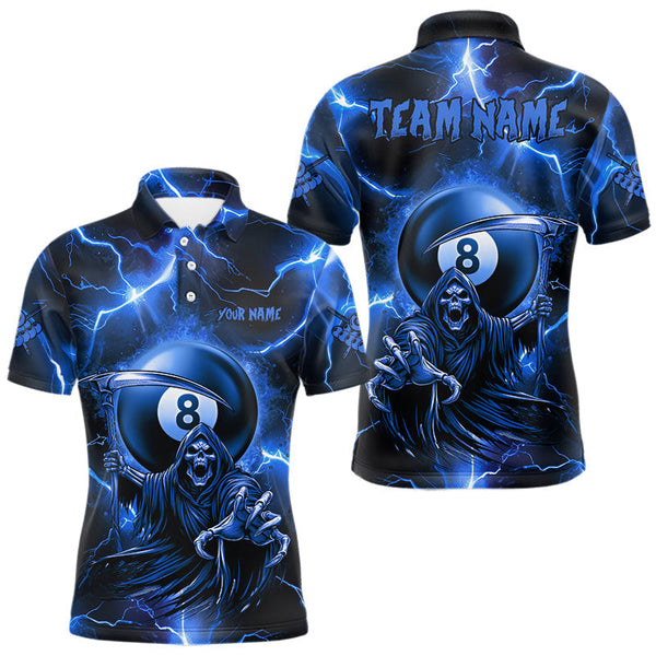 Maxcorners Personalized Blue Grim Reaper 8 Ball Men's Billiard Shirt Custom Thunder Lightning Pool Team Jersey MT2709
