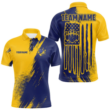 Maxcorners Custom Blue And Yellow Strike Bowling Shirts For Men, American Flag Bowling League Team Jerseys