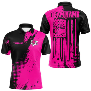 Maxcorners Custom Pink And Black Strike Bowling Shirts For Men, American Flag Bowling League Team Jerseys