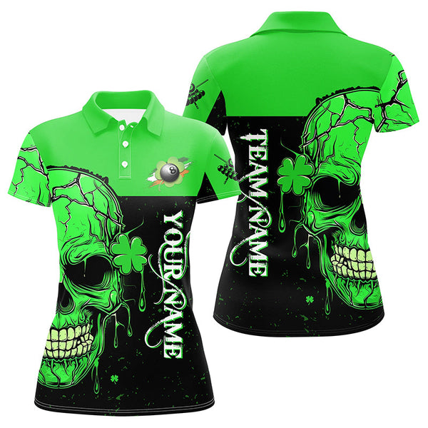 Maxcorners St Patrick'S Day Green Billiard Skull Custom Men Polo Shirts, Luckiest Patrick Day Billiard Shirts