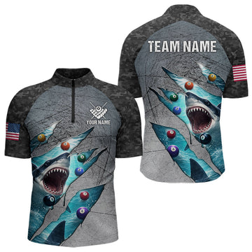 Maxcorners Personalized Funny Shark Billiard Shirt For Men, 8 Ball Pool Team Jersey Polo & 1/4 Zip Shirt LM2603
