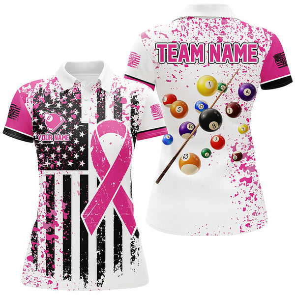 Maxcorners Pink Ribon White Grunge American Flag Billiard Jersey Customized Name, Team Name 3D Shirt