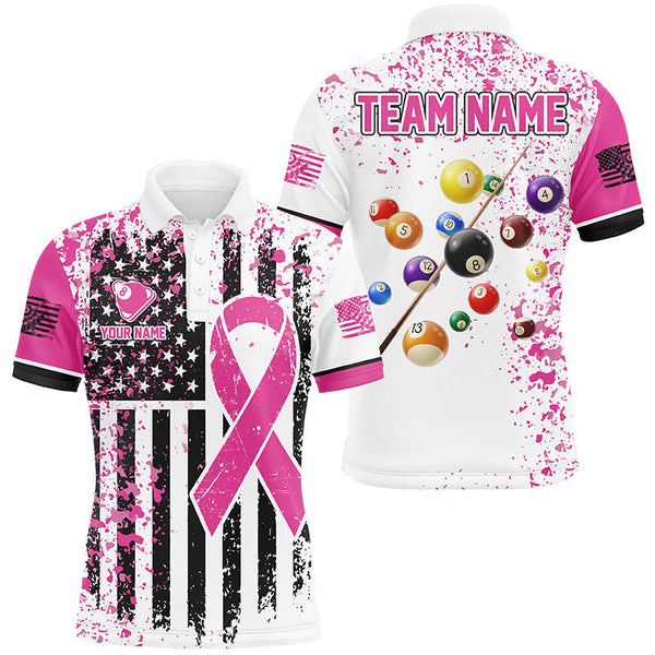 Maxcorners Pink Ribon White Grunge American Flag Billiard Jersey Customized Name, Team Name 3D Shirt