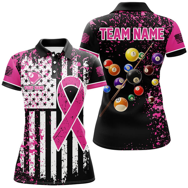 Maxcorners Pink Ribbon Black Grunge American Flag Billiard Jersey Customized Name, Team Name 3D Shirt