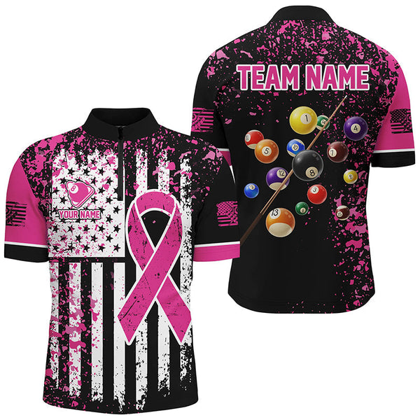 Maxcorners Pink Ribbon Grunge American Flag Billiard Jersey Customized Name, Team Name 3D Shirt