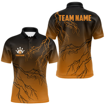 Maxcorners Black And Orange Gradient Lightning Thunder Bowling Shirts For Men Custom Bowling Team Jersey