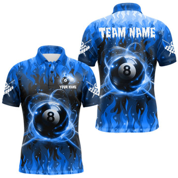 Maxcorners Customized Blue 8 Ball Pool Fire Flame Billiard Shirts For Men Billiard Team Jersey Polo 1/4 Zip LM2709