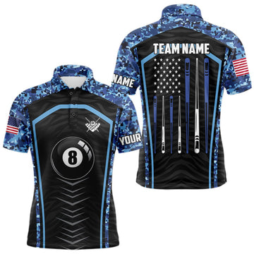 Maxcorners Blue Camo American Flag 8 Ball Billiard Pool Shirts For Men Personalized Billiard Team Jersey LM2709