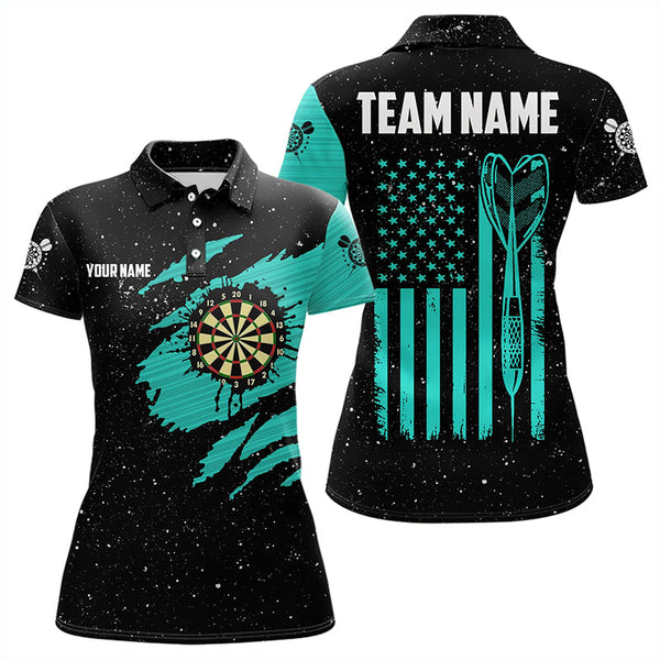 Maxcorners Customized Turquoise Grunge American Flag Women Dart Shirts Custom Patriotic Team Dart Jerseys