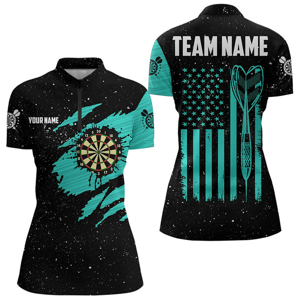 Maxcorners Customized Turquoise Grunge American Flag Women Dart Shirts Custom Patriotic Team Dart Jerseys