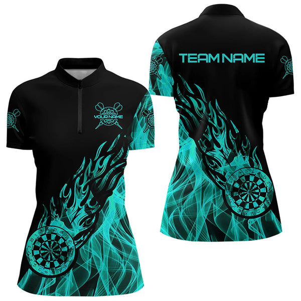 Maxcorners Black And Turquoise Fire Flame Darts Polo & Quarter Zip Custom Dart Shirt For Women Dart Jerseys