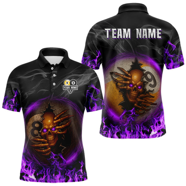Maxcorners Funny Skull Billiard 8 Ball & 9 Ball Pool Shirt For Men Custom Purple Flame Billiard Team Jerseys MT2407