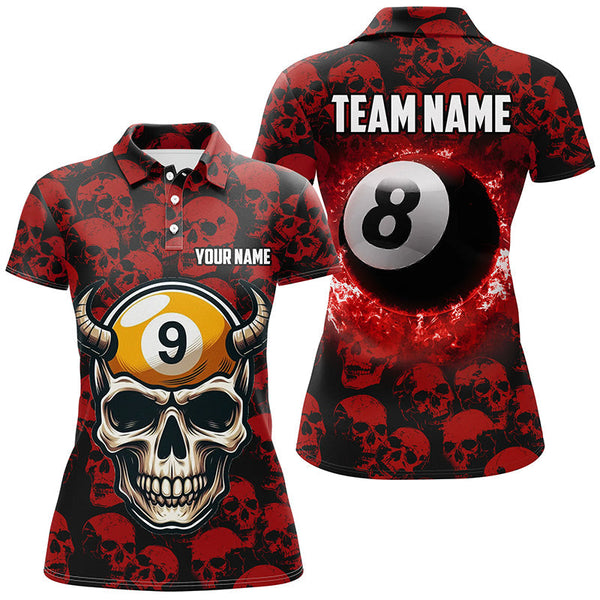 Maxcorners Personalized Billiard Jersey 8 & 9 Ball Custom Red Skull Pattern Billiard Shirts