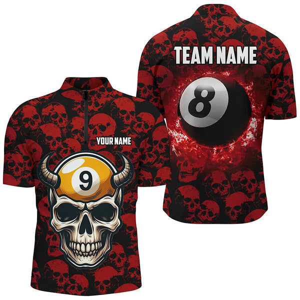 Maxcorners Personalized Billiard Jersey 8 & 9 Ball Custom Red Skull Pattern Billiard Shirts