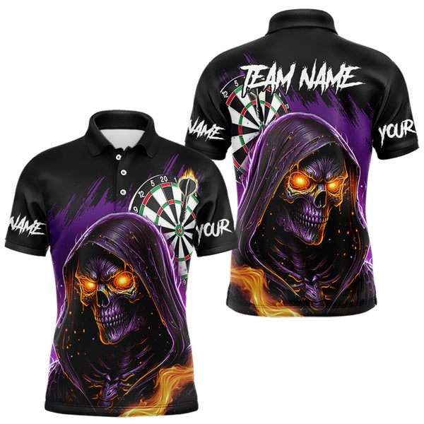 Maxcorners Personalized Purple Death Skeleton Fire Dart Shirt For Men Custom Skull Dart Jersey Polo & 1/4 Zip LM2509