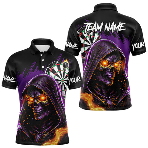 Maxcorners Personalized Purple Death Skeleton Fire Dart Shirt For Men Custom Skull Dart Jersey Polo & 1/4 Zip LM2509