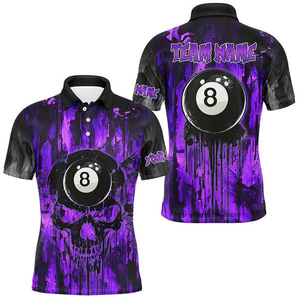 Maxcorners Personalized Black And Purple 8 Ball Melting Men Billiard Shirts, Grunge Skull Billiard Jerseys