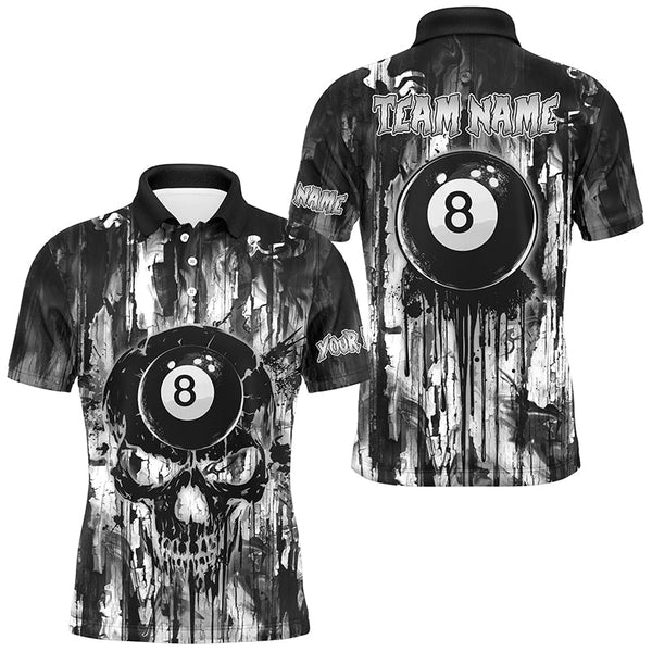 Maxcorners Personalized Black White 8 Ball Pool Melting Men Billiard Shirts, Grunge Skull Billiard Jerseys