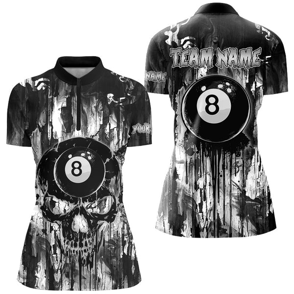 Maxcorners Personalized Black White 8 Ball Pool Melting Women Billiard Shirts, Grunge Skull Billiard Jerseys