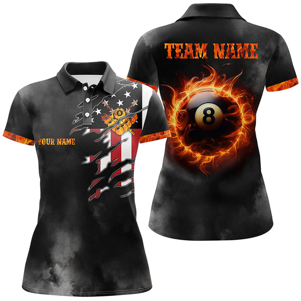 Maxcorners Personalized Flaming 8 Ball Pool Billiard Polo Shirts For Men Custom Us Flag For Billiard Lover